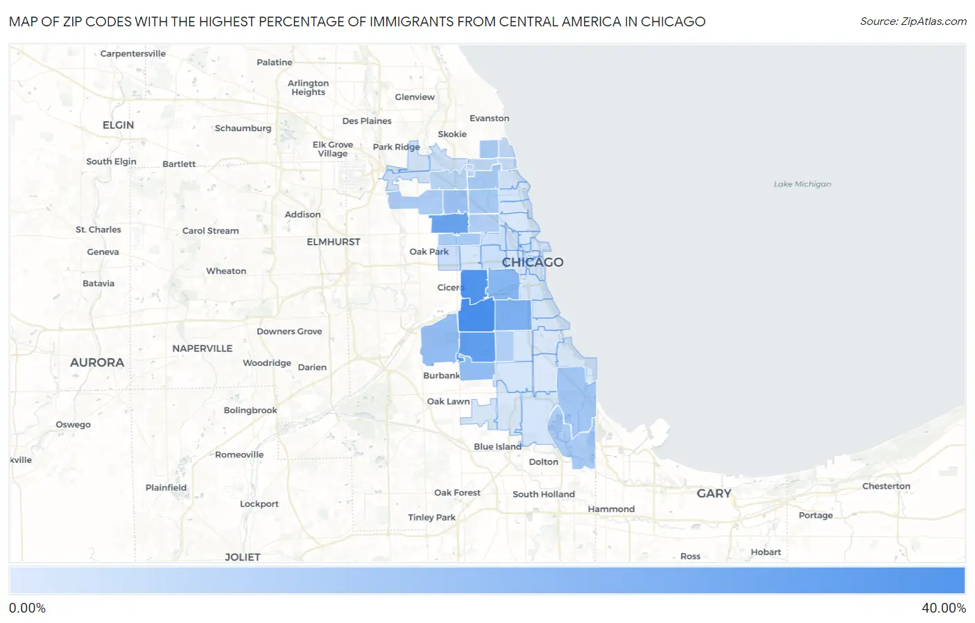 Zip Codes with the Highest Percentage of Immigrants from Central America in Chicago Map