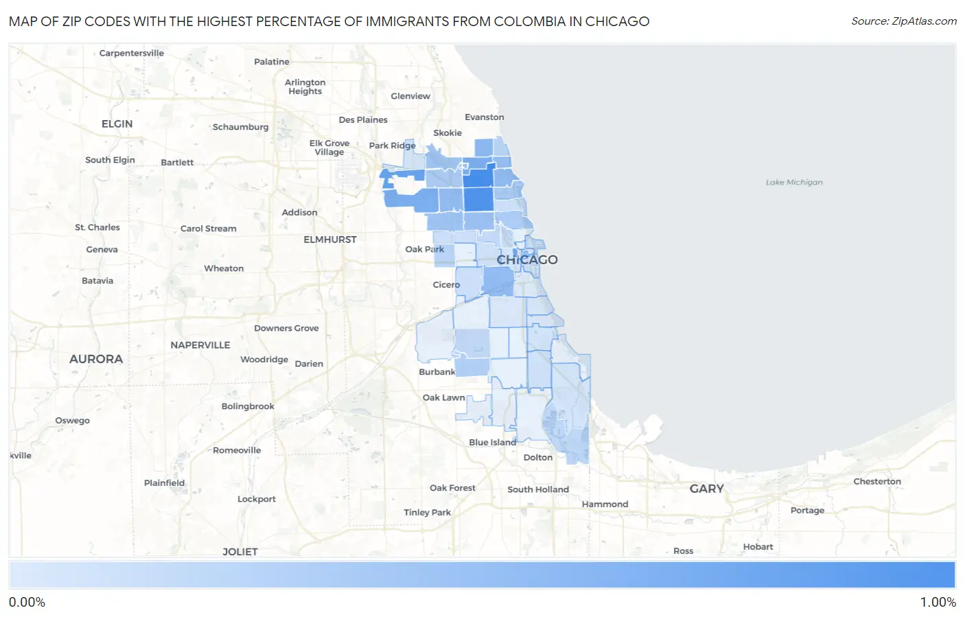 Zip Codes with the Highest Percentage of Immigrants from Colombia in Chicago Map