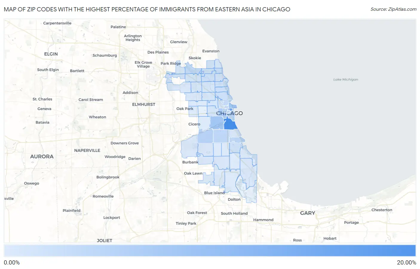 Zip Codes with the Highest Percentage of Immigrants from Eastern Asia in Chicago Map