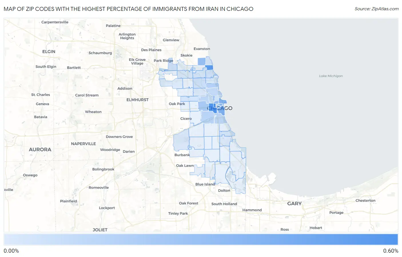 Zip Codes with the Highest Percentage of Immigrants from Iran in Chicago Map