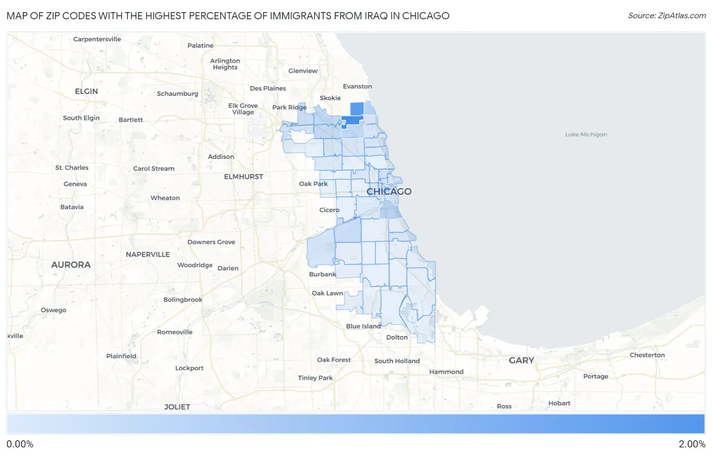Zip Codes with the Highest Percentage of Immigrants from Iraq in Chicago Map