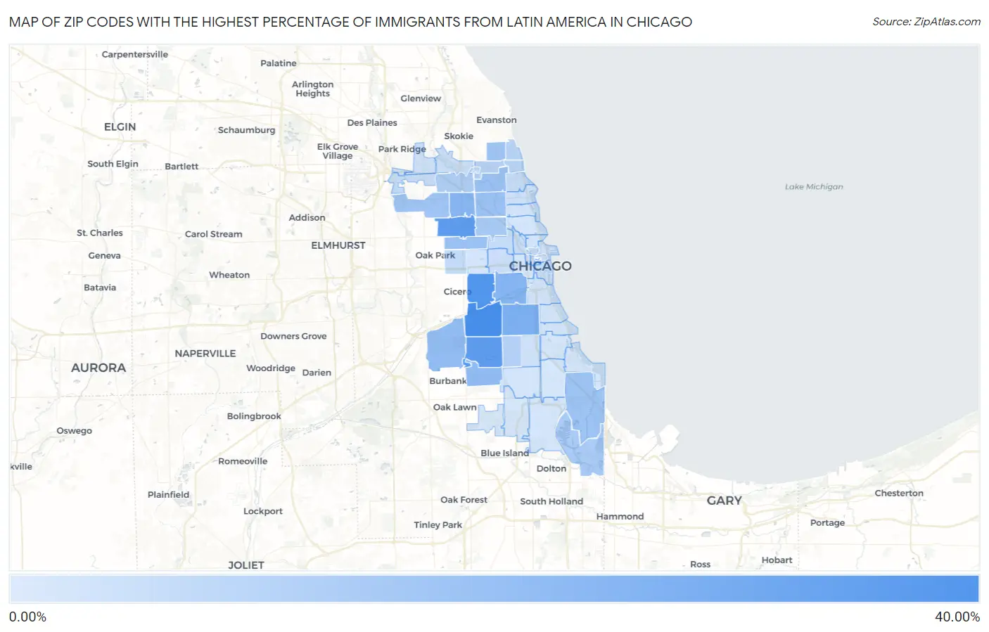 Zip Codes with the Highest Percentage of Immigrants from Latin America in Chicago Map
