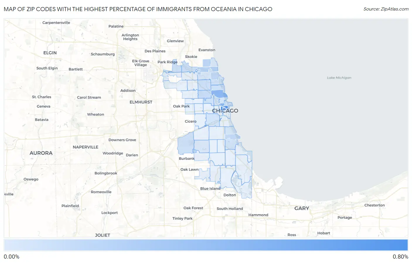 Zip Codes with the Highest Percentage of Immigrants from Oceania in Chicago Map
