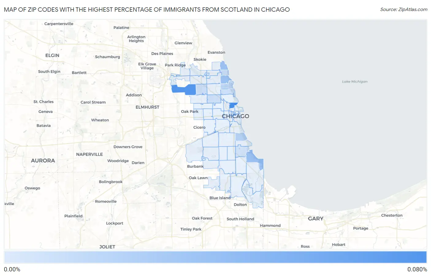 Zip Codes with the Highest Percentage of Immigrants from Scotland in Chicago Map