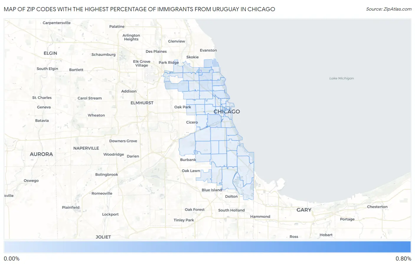 Zip Codes with the Highest Percentage of Immigrants from Uruguay in Chicago Map