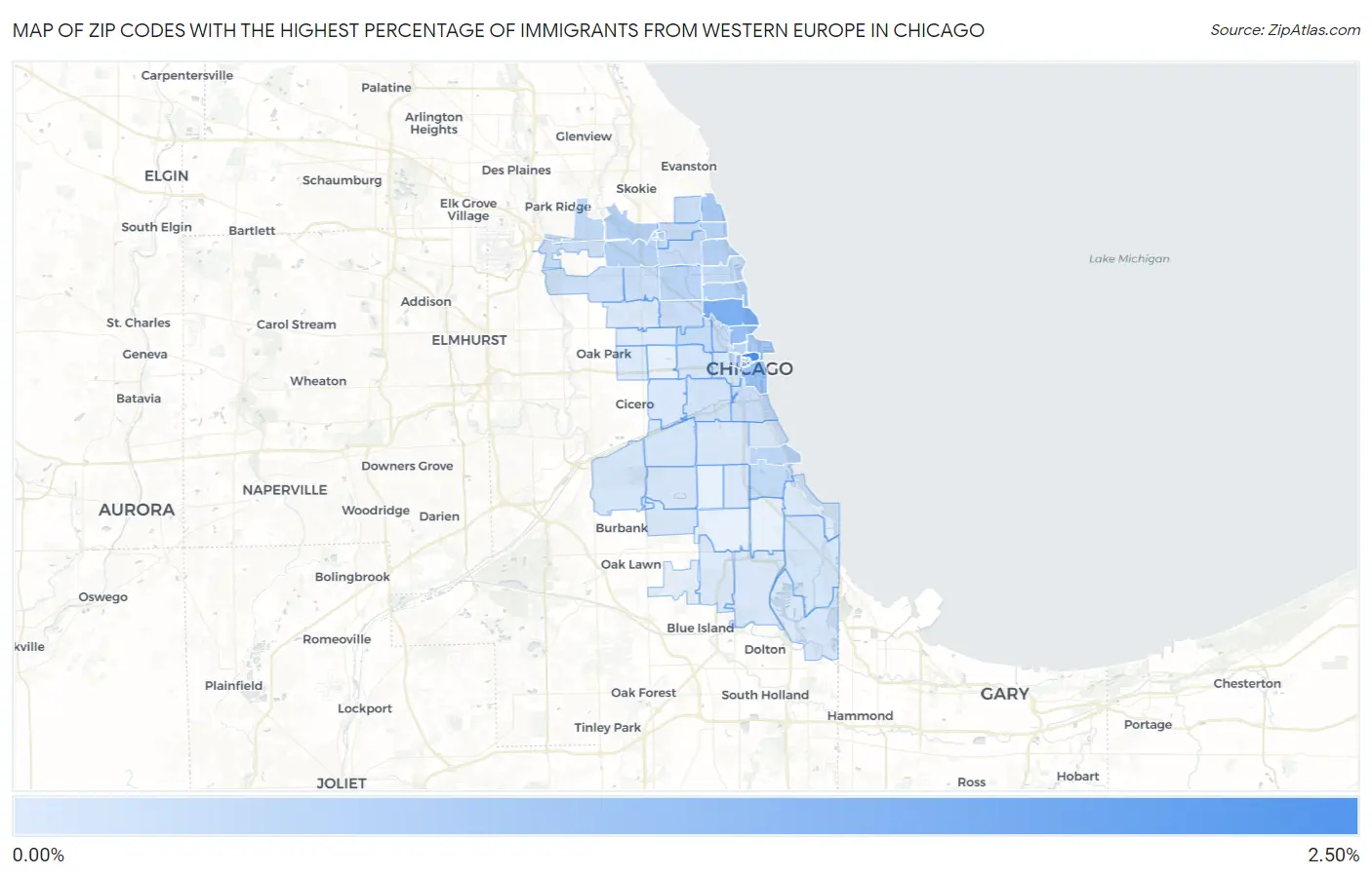 Zip Codes with the Highest Percentage of Immigrants from Western Europe in Chicago Map