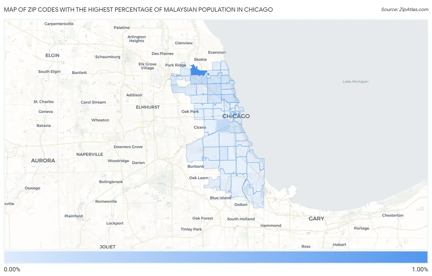 Zip Codes with the Highest Percentage of Malaysian Population in Chicago Map
