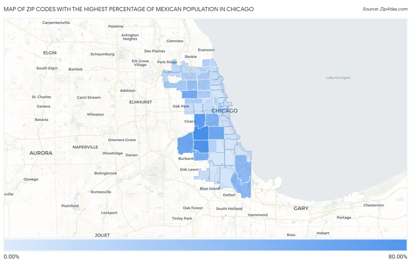 Zip Codes with the Highest Percentage of Mexican Population in Chicago Map