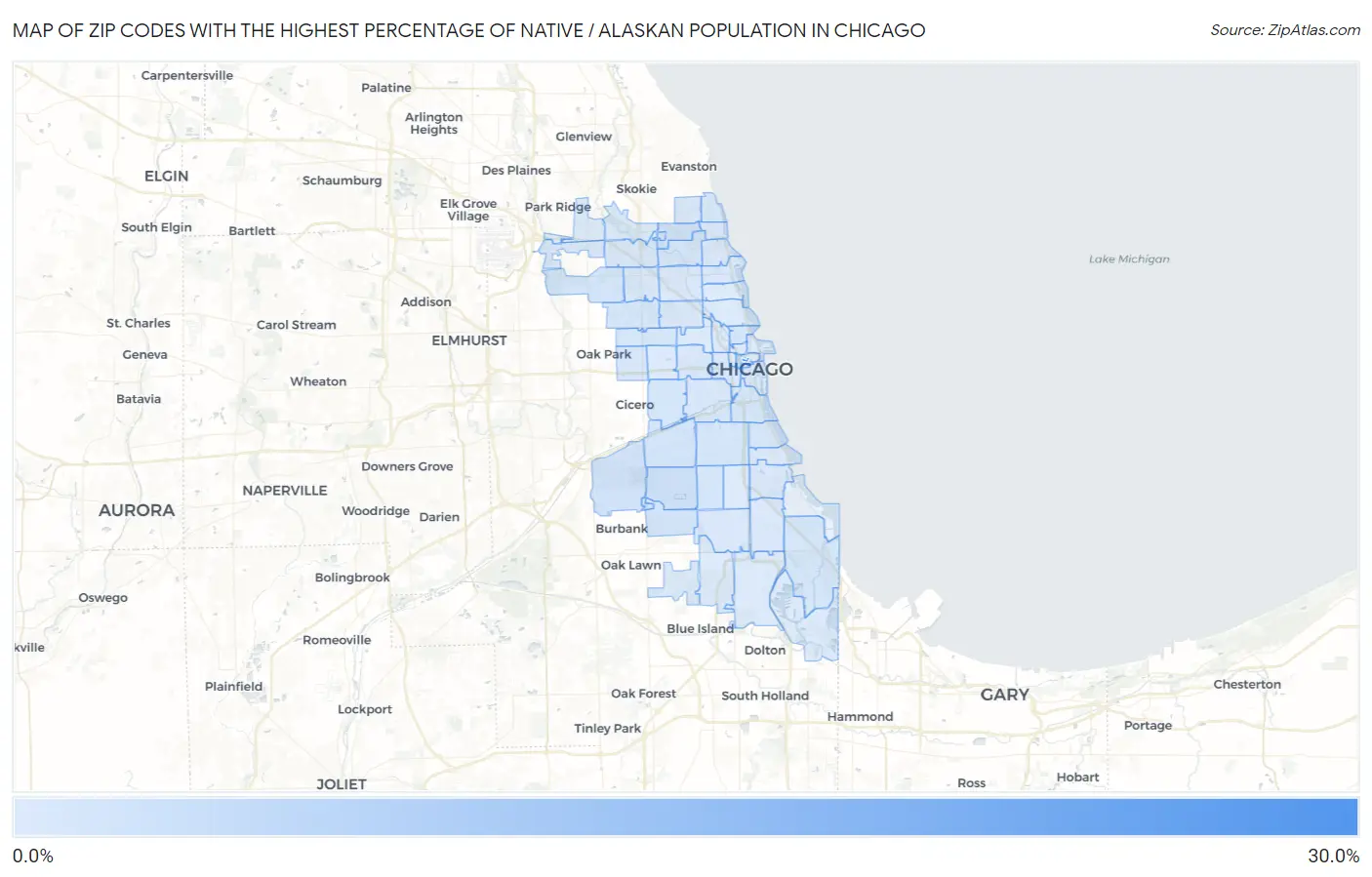 Zip Codes with the Highest Percentage of Native / Alaskan Population in Chicago Map