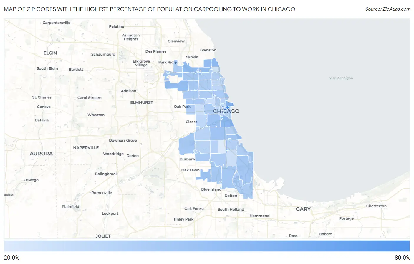 Zip Codes with the Highest Percentage of Population Carpooling to Work in Chicago Map