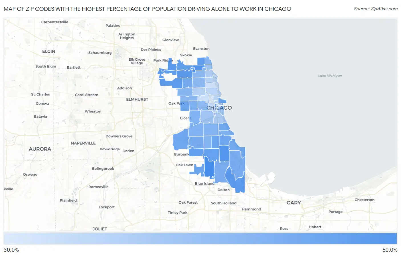 Zip Codes with the Highest Percentage of Population Driving Alone to Work in Chicago Map