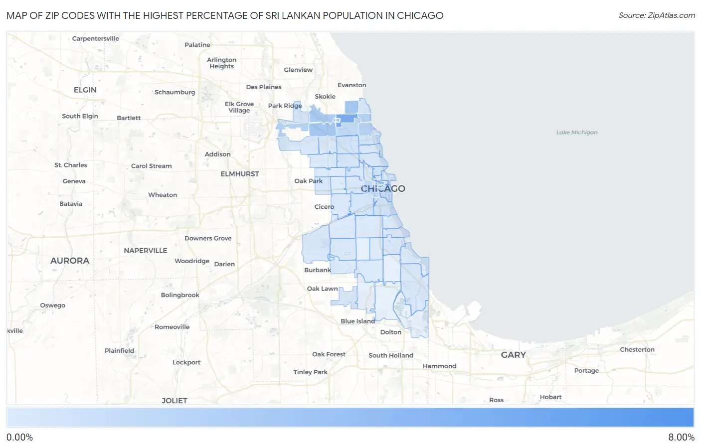 Zip Codes with the Highest Percentage of Sri Lankan Population in Chicago Map