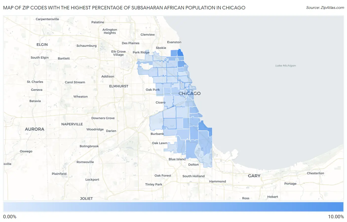 Zip Codes with the Highest Percentage of Subsaharan African Population in Chicago Map