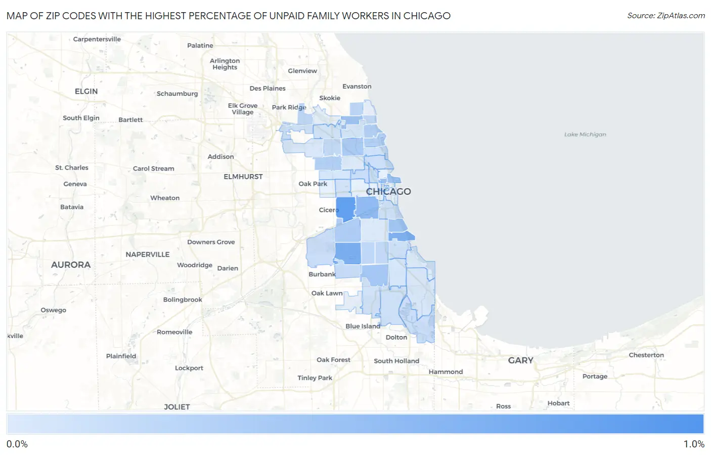 Zip Codes with the Highest Percentage of Unpaid Family Workers in Chicago Map