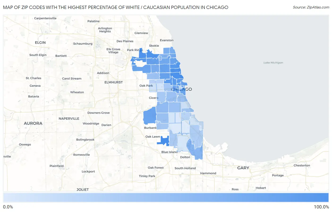 Zip Codes with the Highest Percentage of White / Caucasian Population in Chicago Map