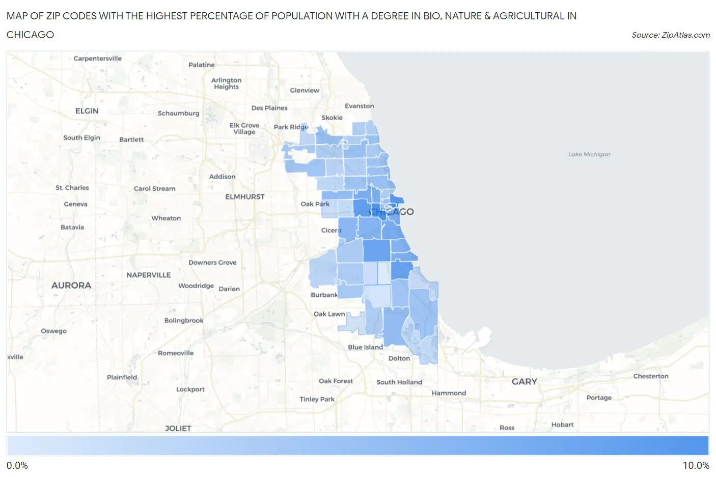 Zip Codes with the Highest Percentage of Population with a Degree in Bio, Nature & Agricultural in Chicago Map