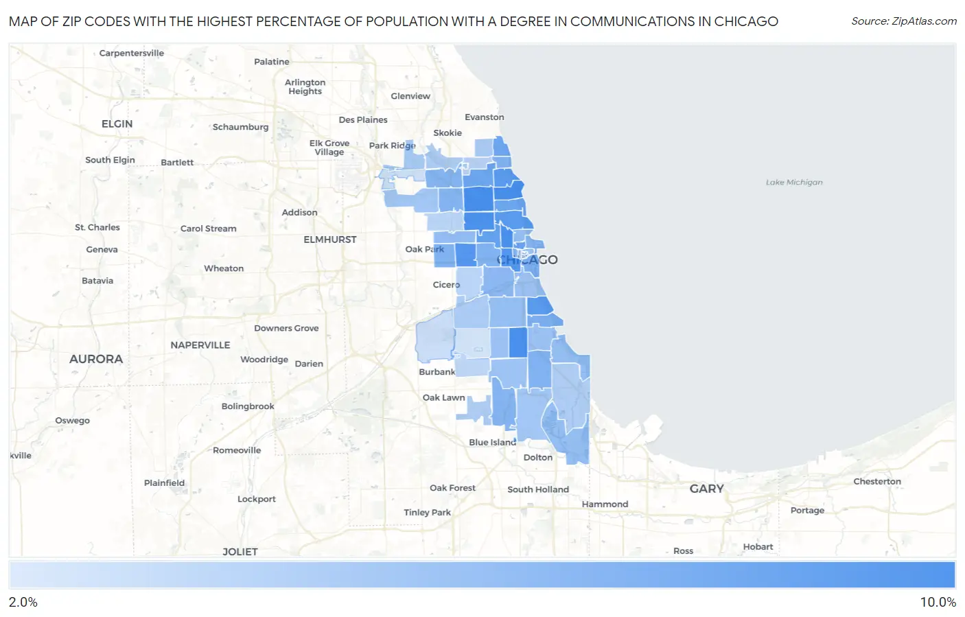 Zip Codes with the Highest Percentage of Population with a Degree in Communications in Chicago Map