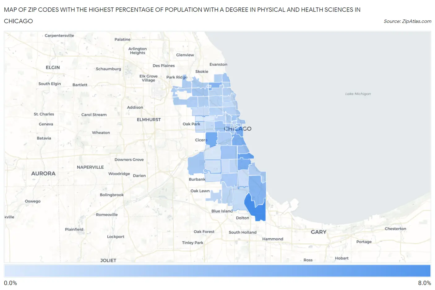 Zip Codes with the Highest Percentage of Population with a Degree in Physical and Health Sciences in Chicago Map