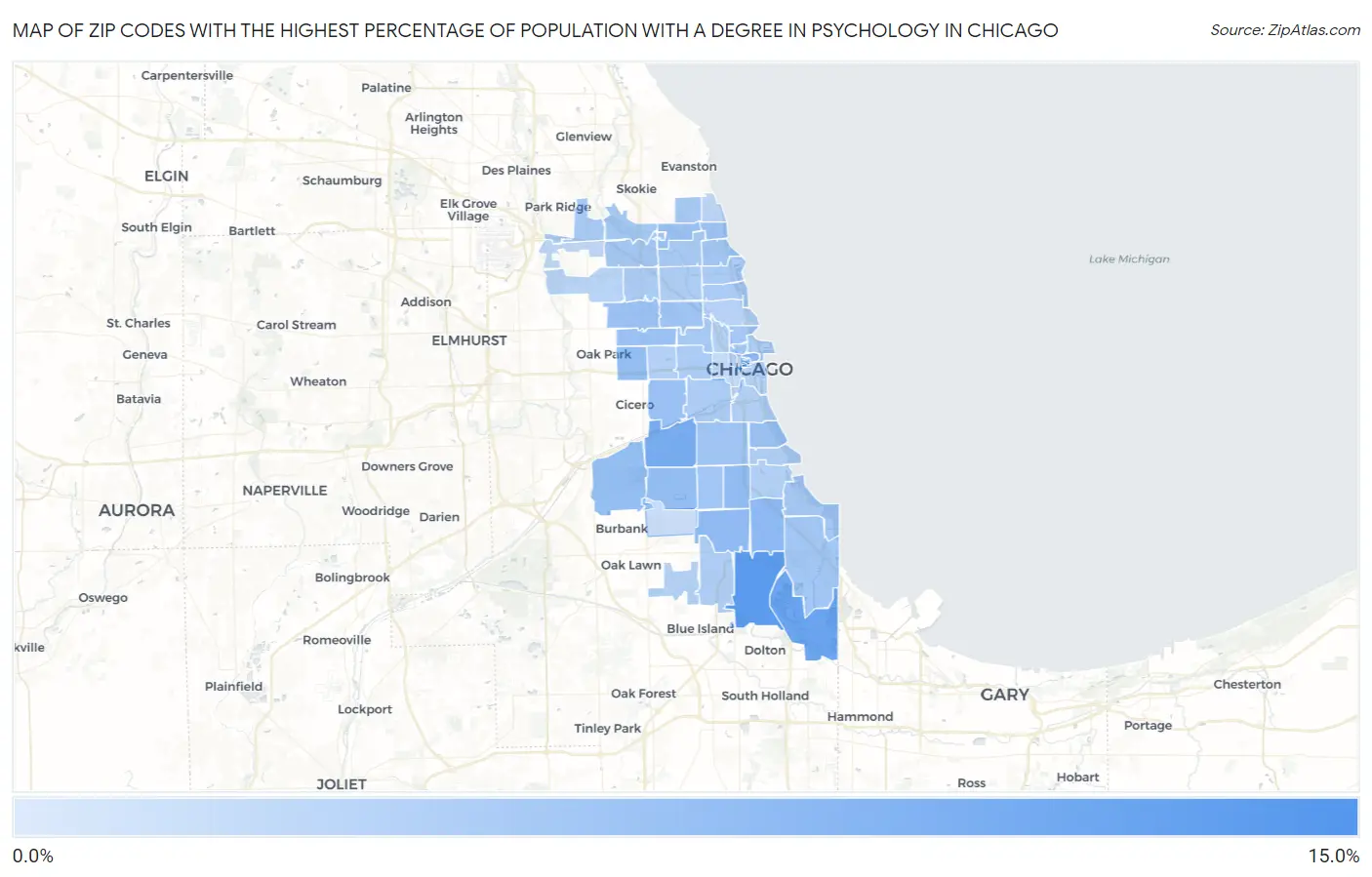 Zip Codes with the Highest Percentage of Population with a Degree in Psychology in Chicago Map