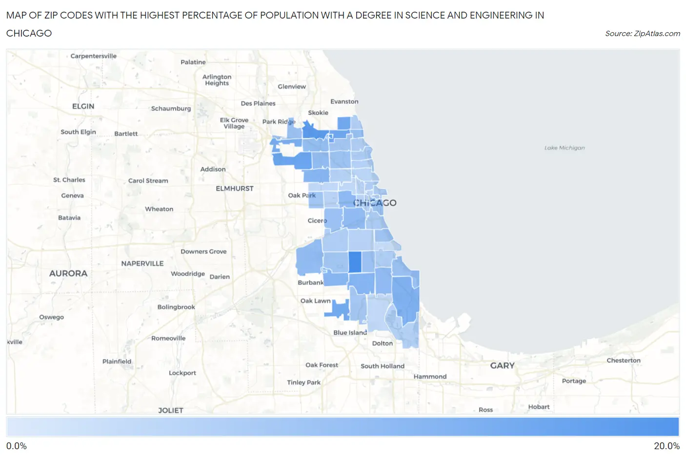 Zip Codes with the Highest Percentage of Population with a Degree in Science and Engineering in Chicago Map
