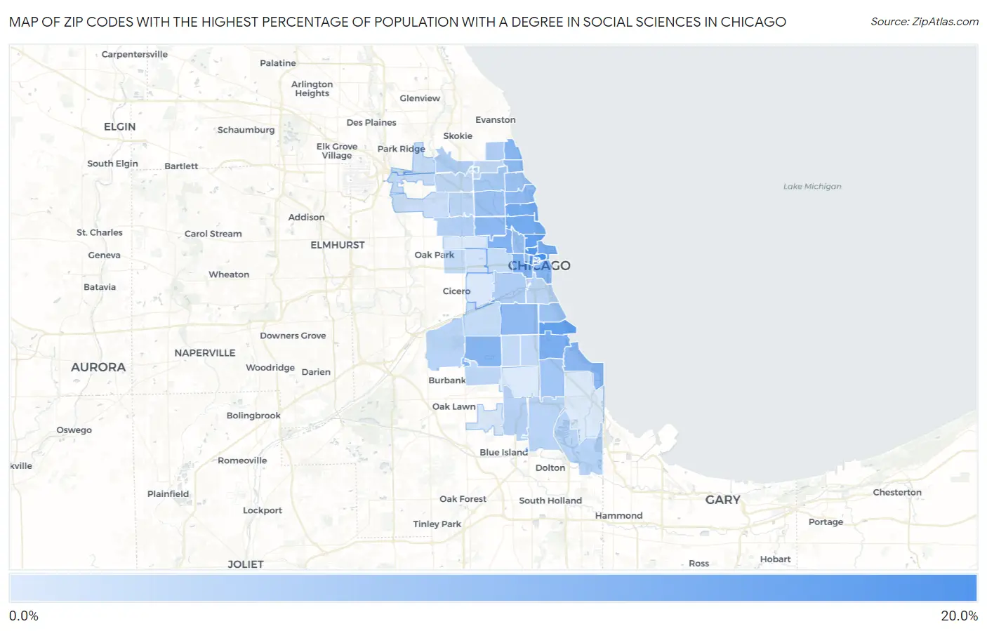 Zip Codes with the Highest Percentage of Population with a Degree in Social Sciences in Chicago Map