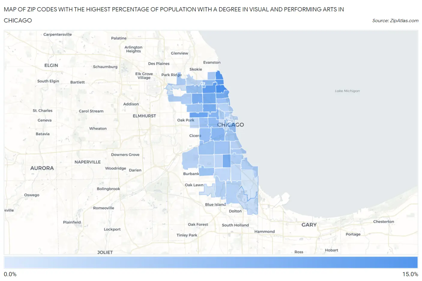 Zip Codes with the Highest Percentage of Population with a Degree in Visual and Performing Arts in Chicago Map