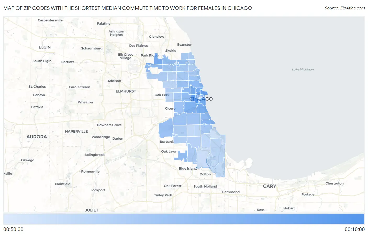 Zip Codes with the Shortest Median Commute Time to Work for Females in Chicago Map