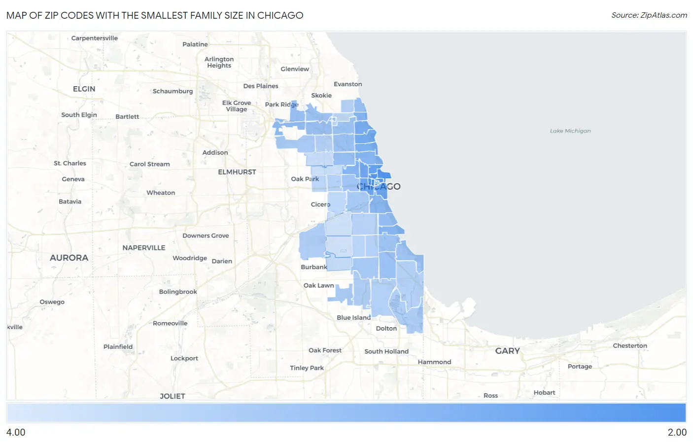 Zip Codes with the Smallest Family Size in Chicago Map