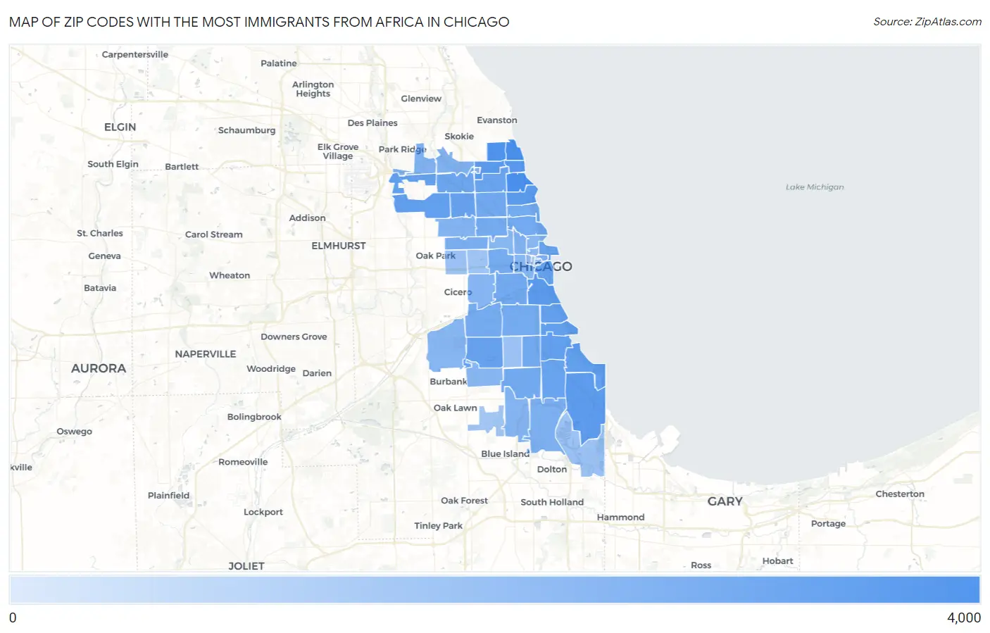 Zip Codes with the Most Immigrants from Africa in Chicago Map