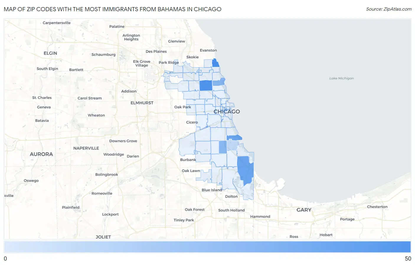 Zip Codes with the Most Immigrants from Bahamas in Chicago Map