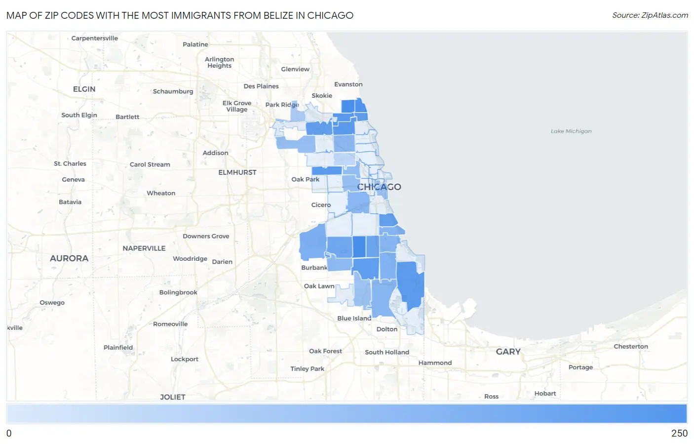 Zip Codes with the Most Immigrants from Belize in Chicago Map