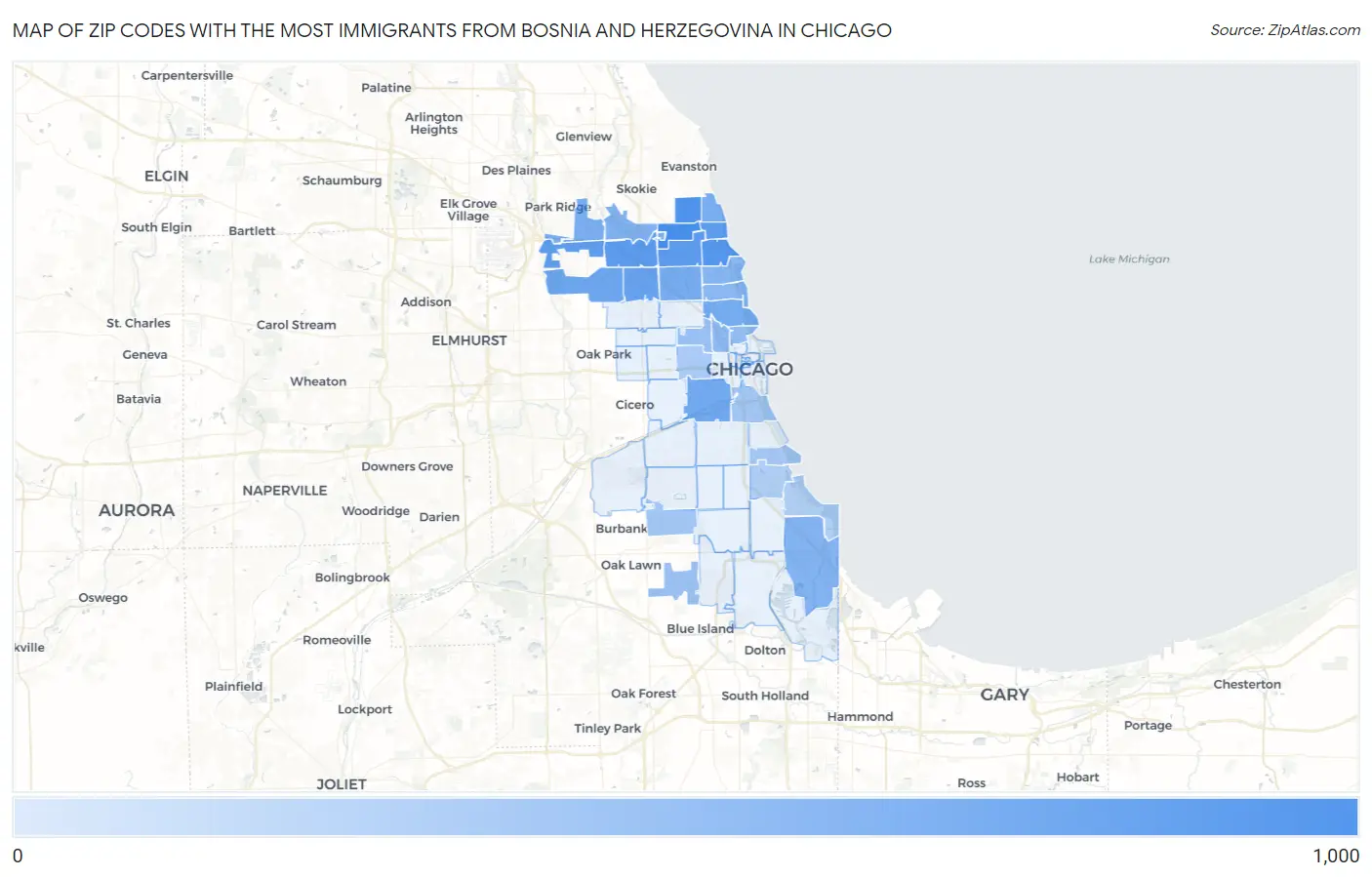 Zip Codes with the Most Immigrants from Bosnia and Herzegovina in Chicago Map