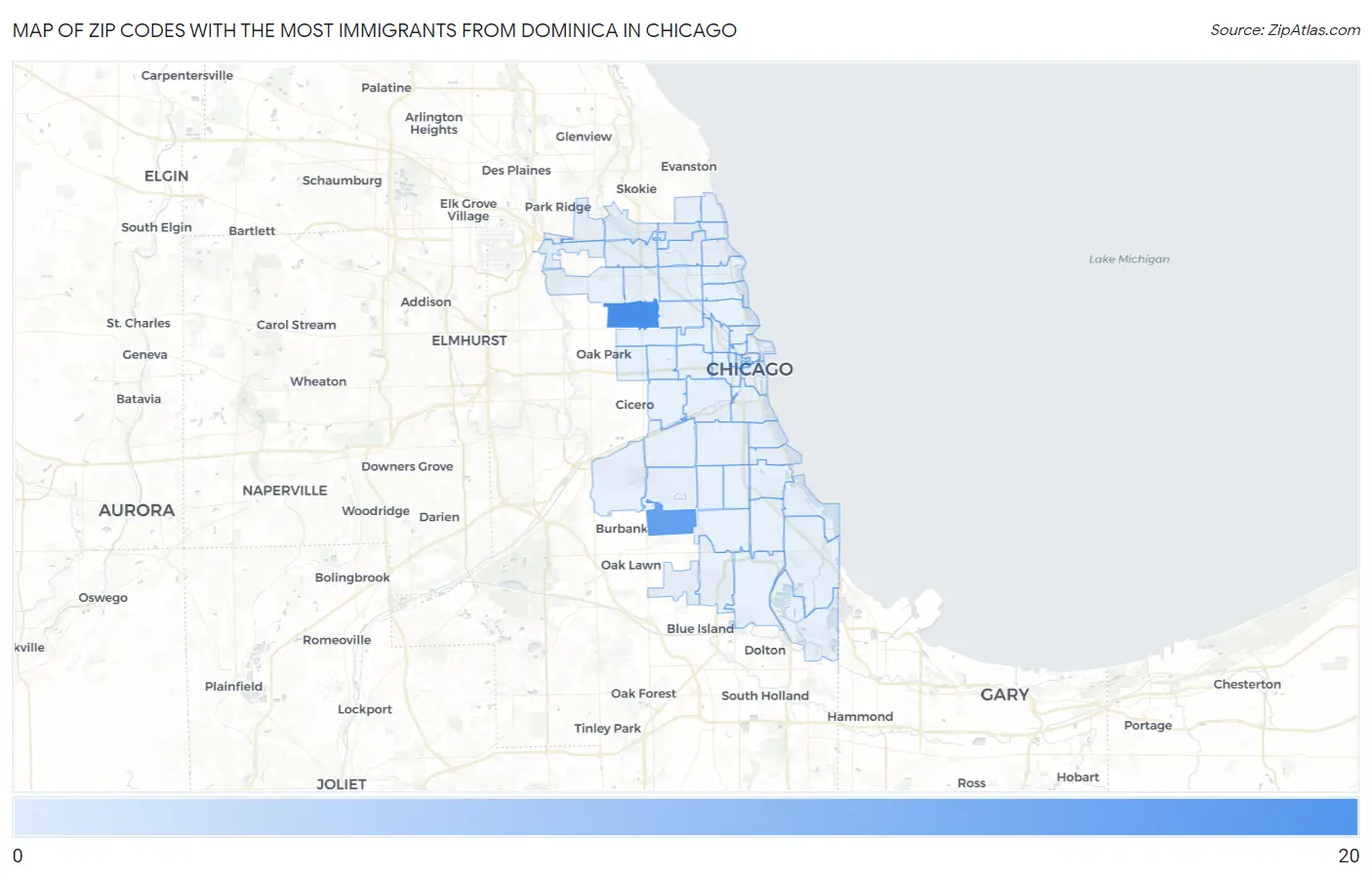 Zip Codes with the Most Immigrants from Dominica in Chicago Map