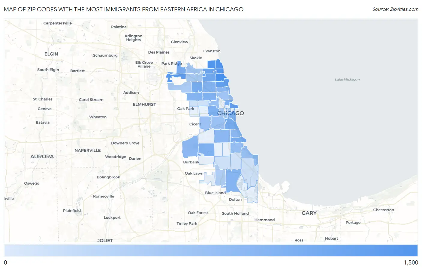 Zip Codes with the Most Immigrants from Eastern Africa in Chicago Map