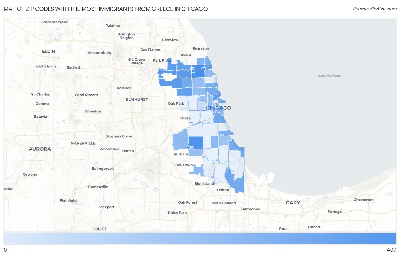 Zip Codes with the Most Immigrants from Greece in Chicago Map