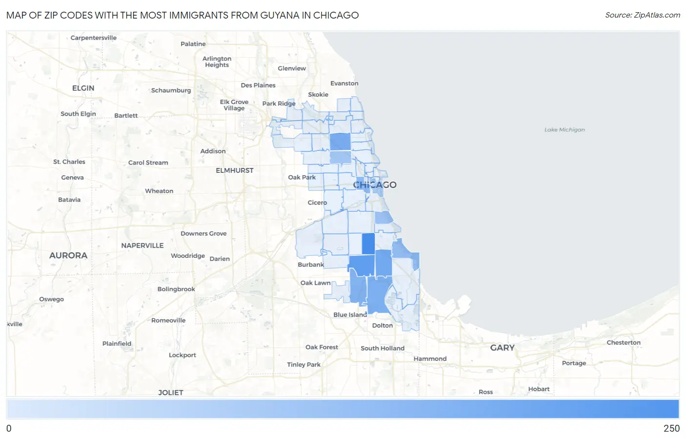 Zip Codes with the Most Immigrants from Guyana in Chicago Map