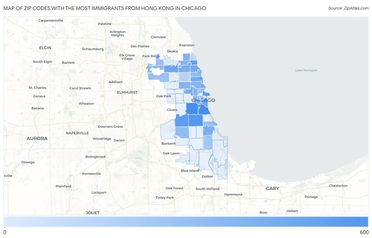 Zip Codes with the Most Immigrants from Hong Kong in Chicago Map