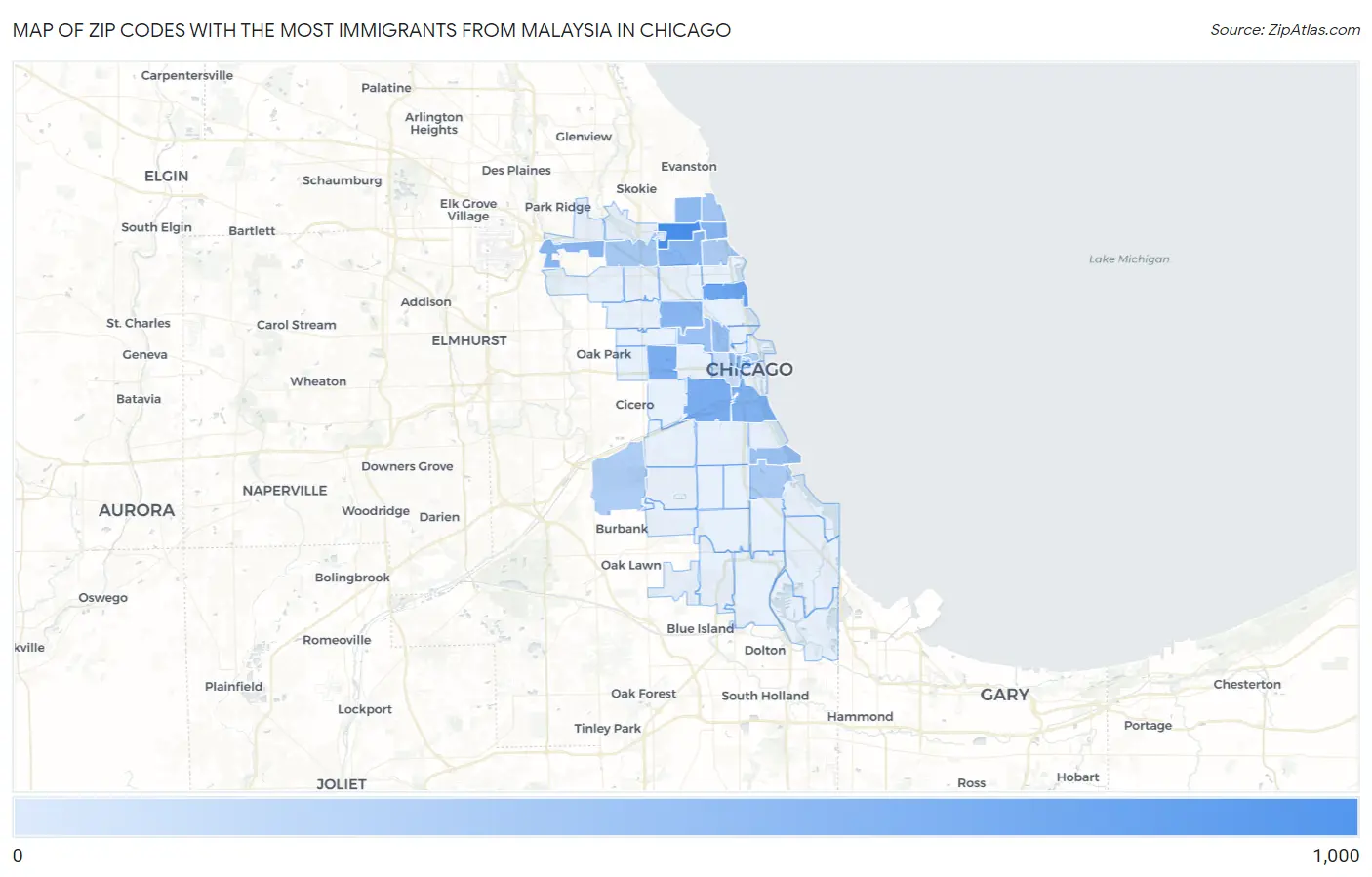 Zip Codes with the Most Immigrants from Malaysia in Chicago Map