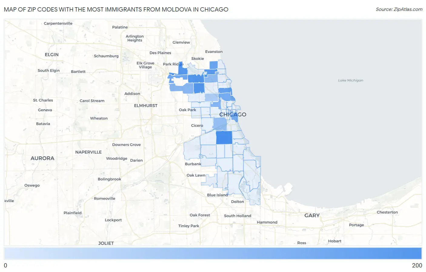 Zip Codes with the Most Immigrants from Moldova in Chicago Map
