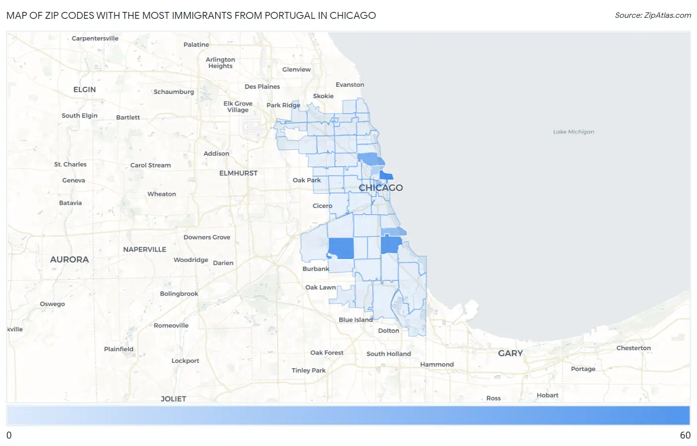 Zip Codes with the Most Immigrants from Portugal in Chicago Map