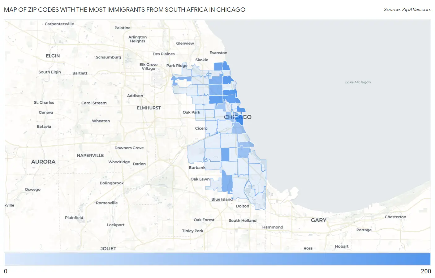 Zip Codes with the Most Immigrants from South Africa in Chicago Map