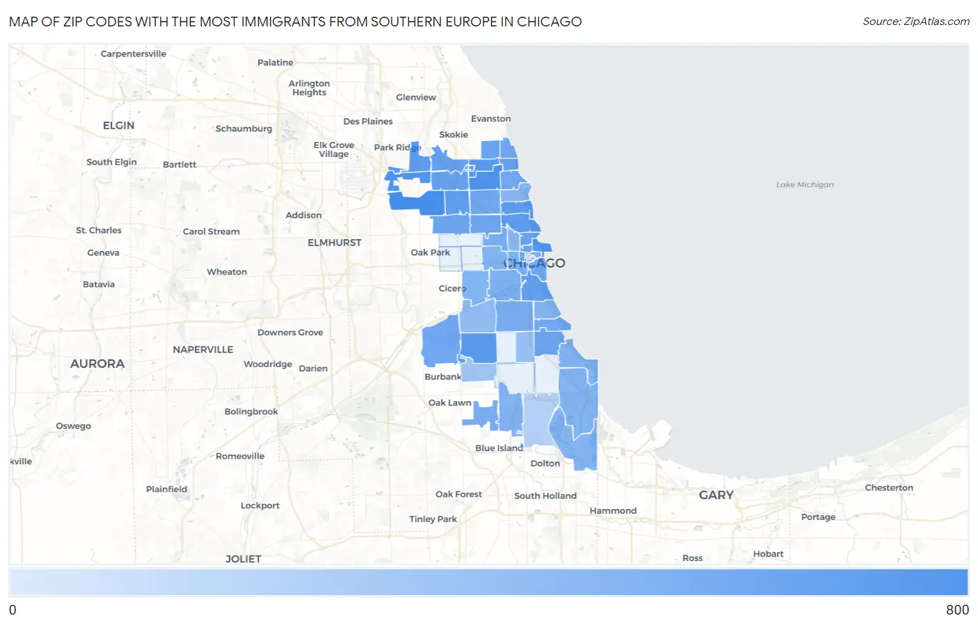 Zip Codes with the Most Immigrants from Southern Europe in Chicago Map