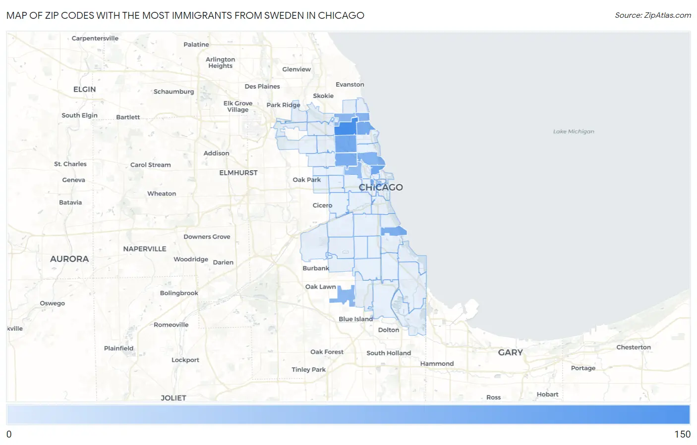 Zip Codes with the Most Immigrants from Sweden in Chicago Map