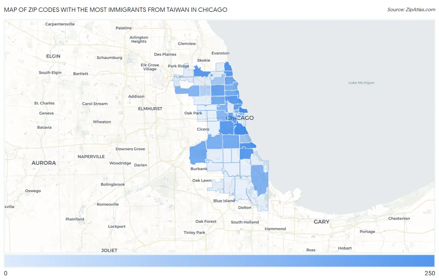 Zip Codes with the Most Immigrants from Taiwan in Chicago Map