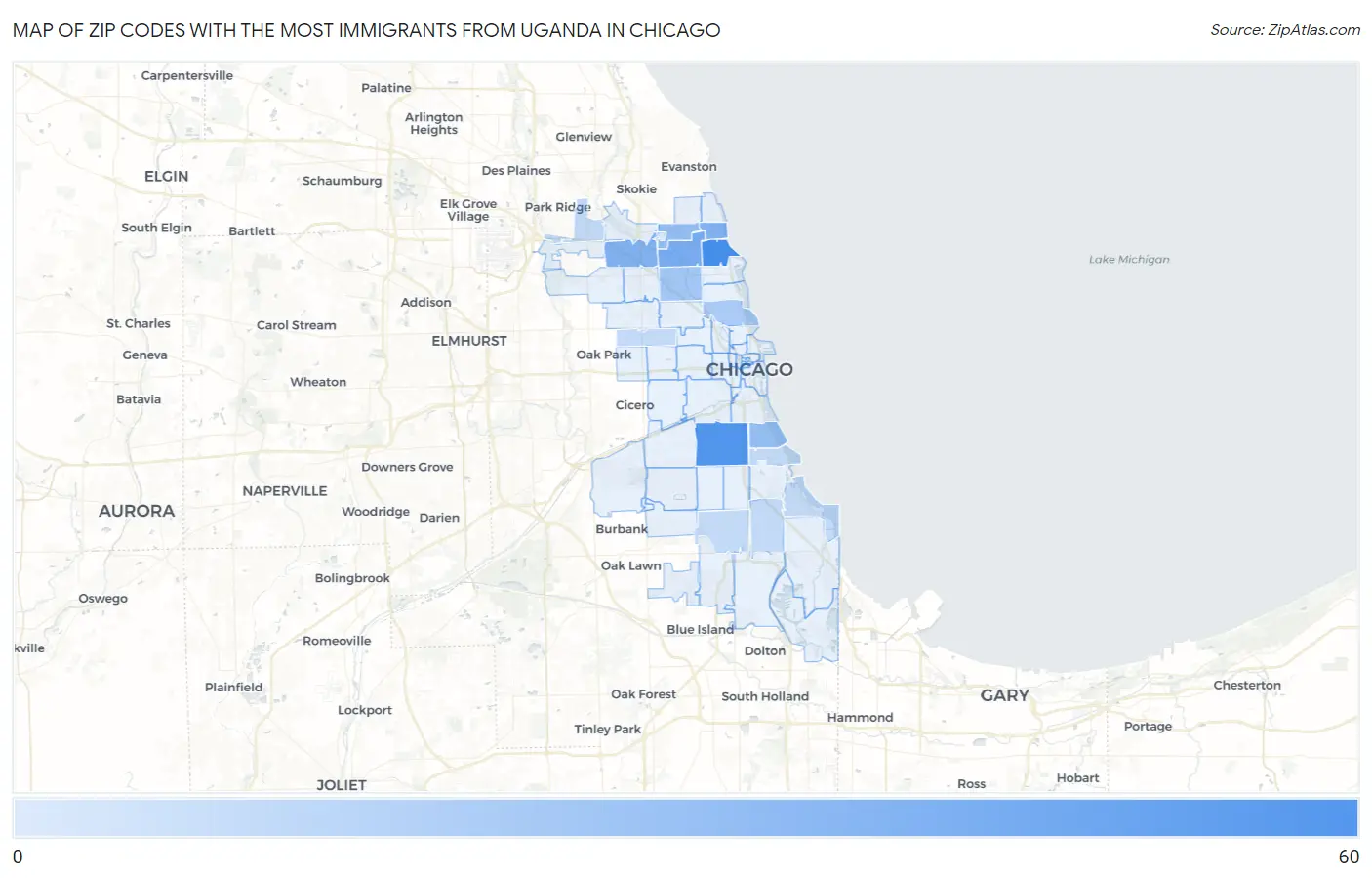 Zip Codes with the Most Immigrants from Uganda in Chicago Map