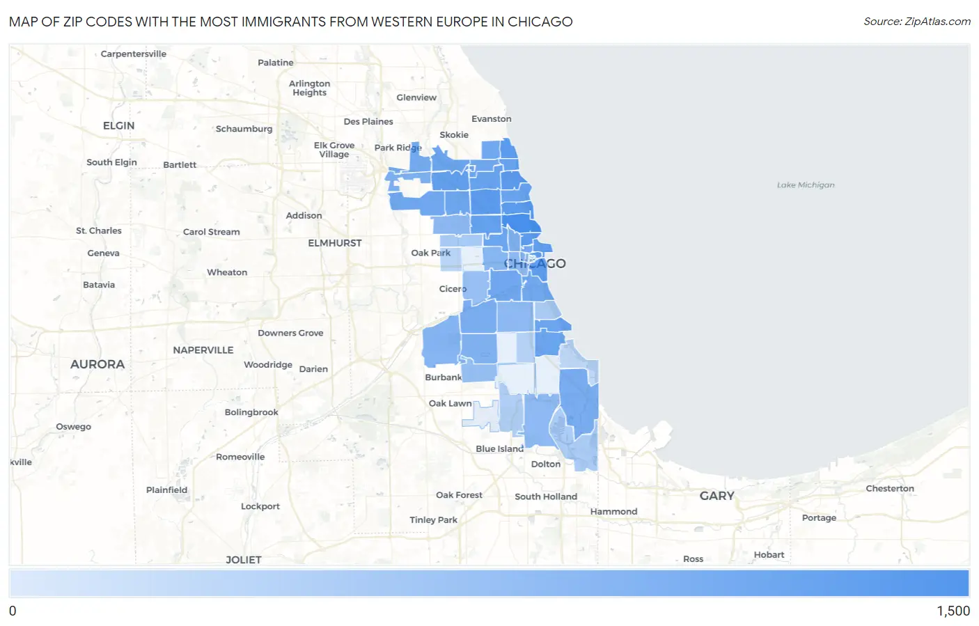 Zip Codes with the Most Immigrants from Western Europe in Chicago Map