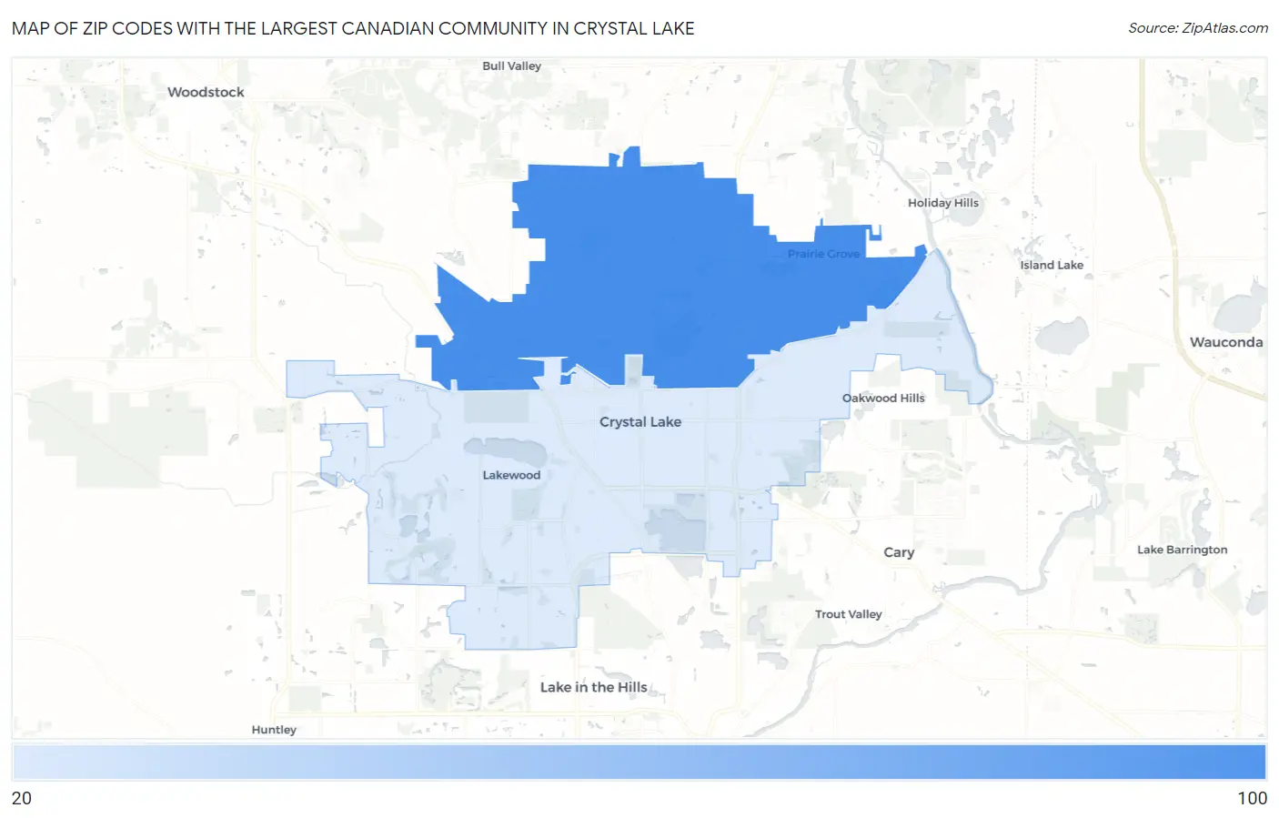 Zip Codes with the Largest Canadian Community in Crystal Lake Map