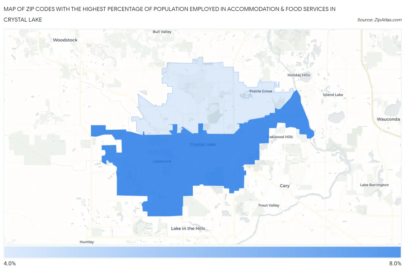 Zip Codes with the Highest Percentage of Population Employed in Accommodation & Food Services in Crystal Lake Map