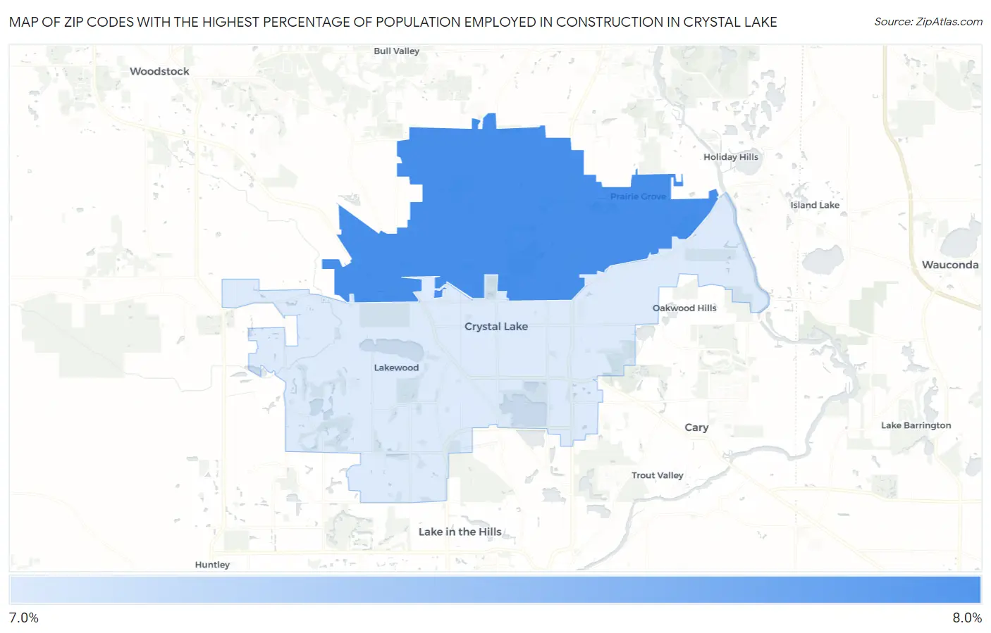 Zip Codes with the Highest Percentage of Population Employed in Construction in Crystal Lake Map