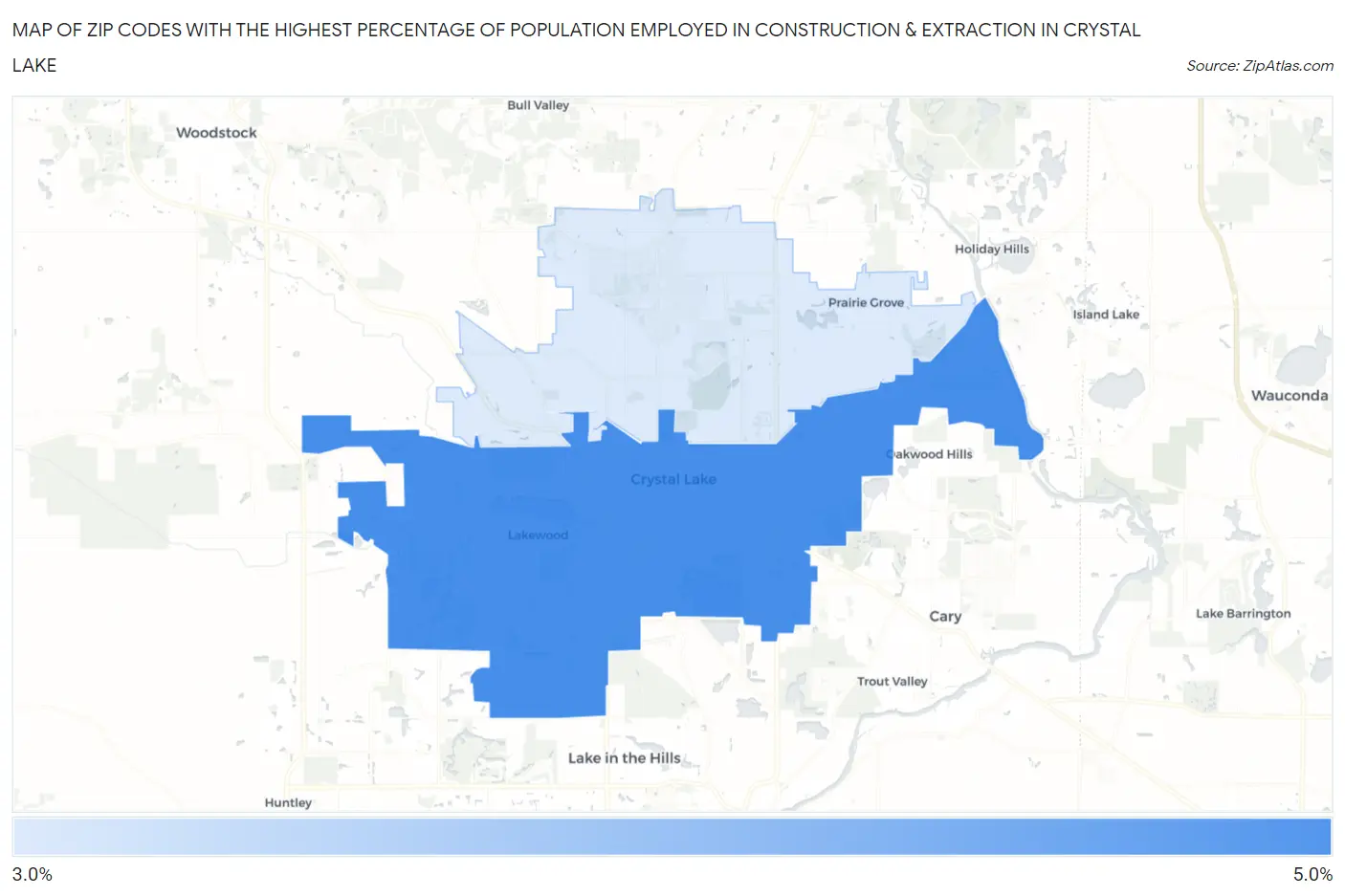 Zip Codes with the Highest Percentage of Population Employed in Construction & Extraction in Crystal Lake Map